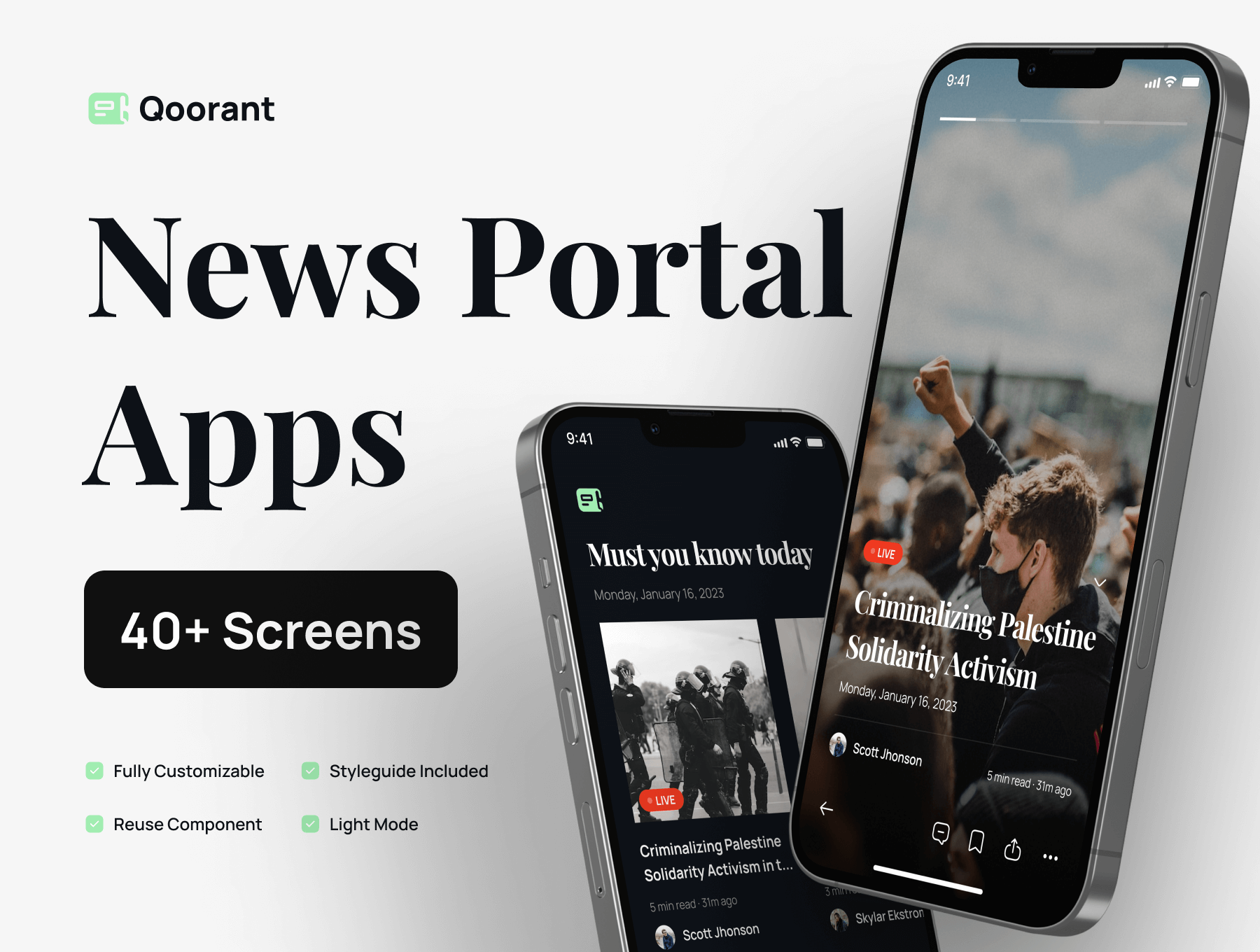 Qoorant – News Portal Mobile Apps UI Kit 40多屏移动头条新闻资讯社交媒体app界面设计ui素材下载