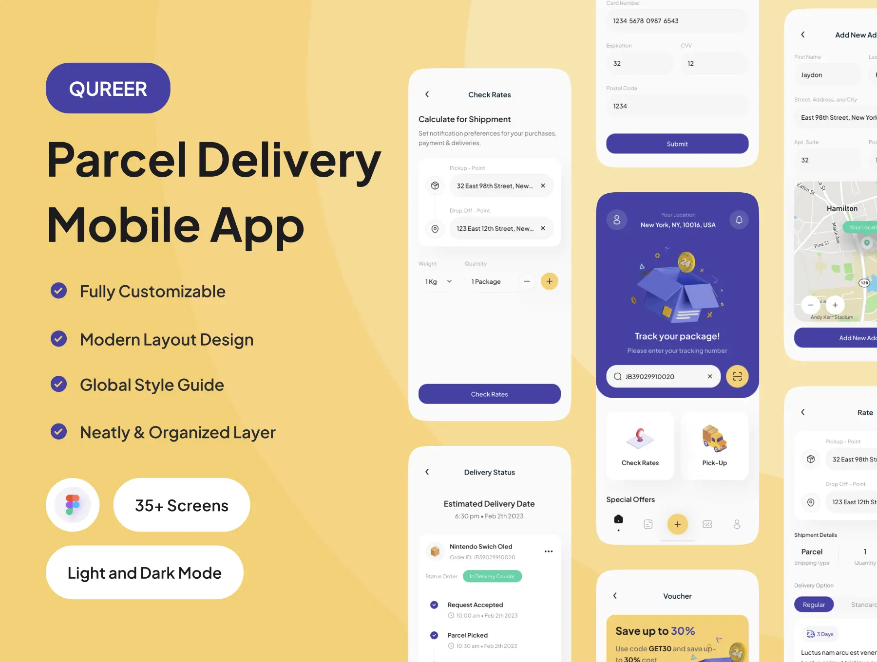 Qureer – Parcel Delivery Mobile App 35屏现代简约风格包裹递送移动应用程序App UI