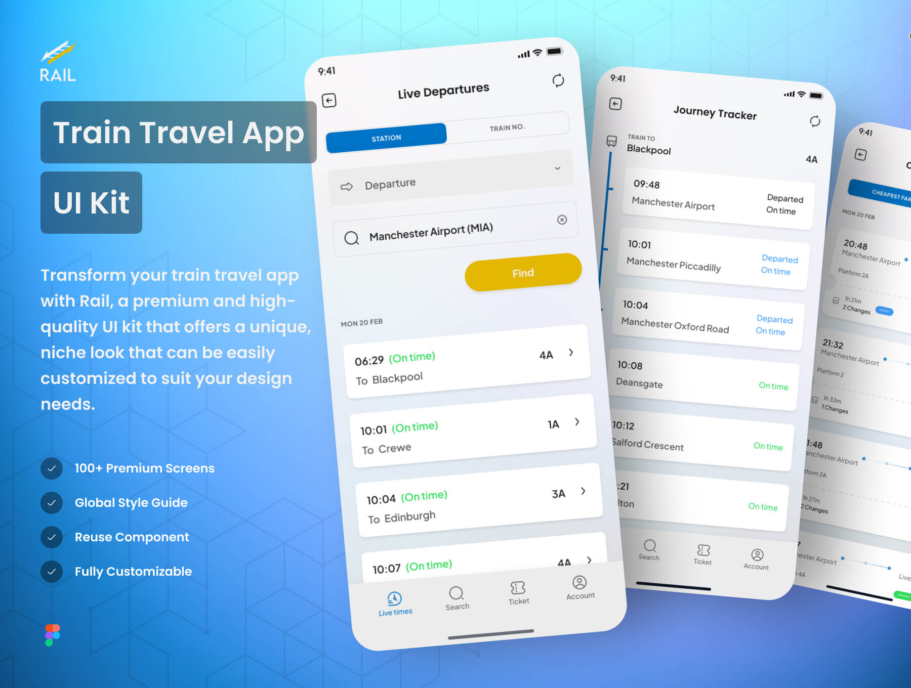 Rail – Train Travel App UI Kit 100多屏火车票高铁票在线购票旅行应用程序 UI 套件明暗模式