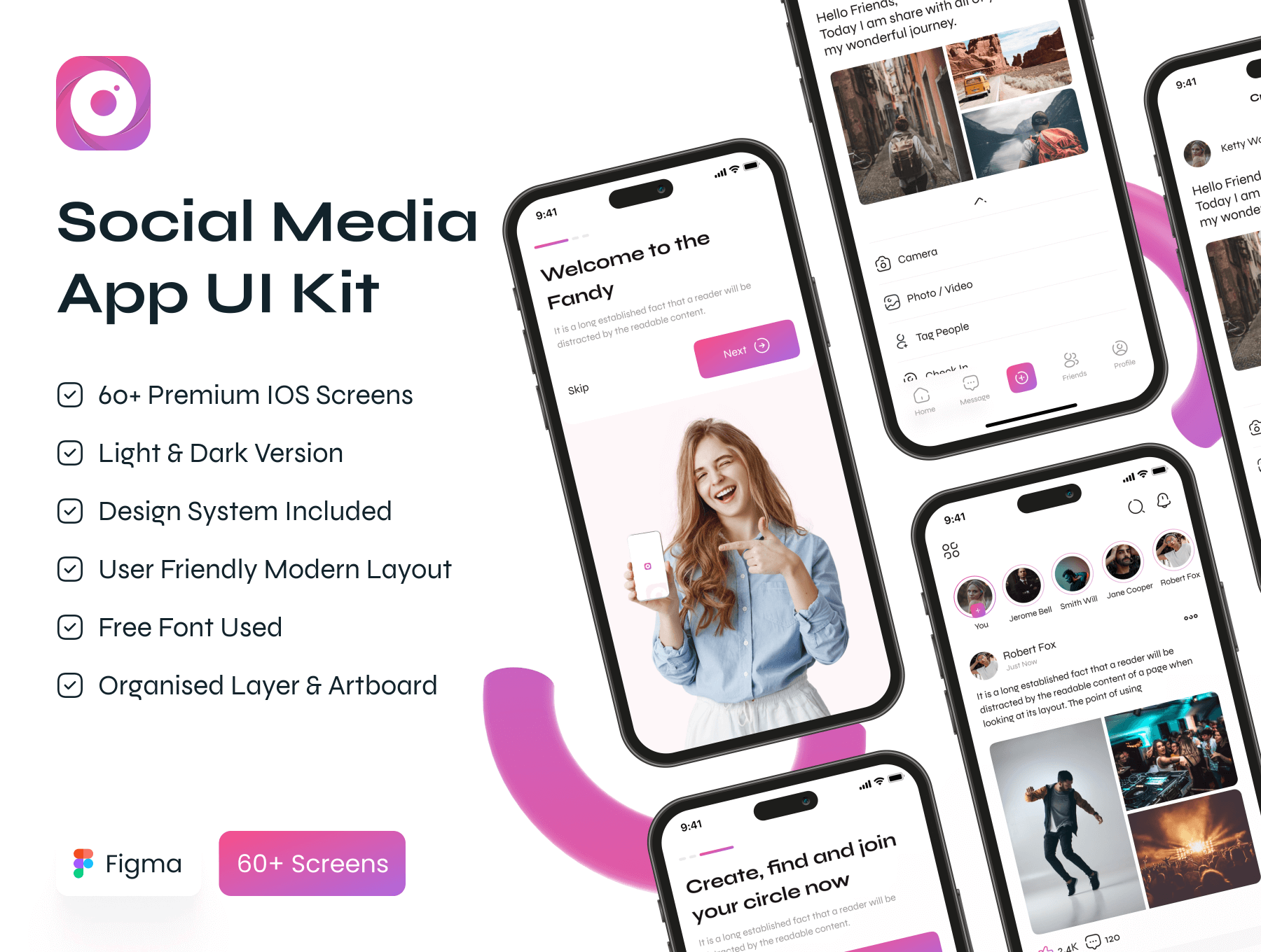 Social Media App UI Kit 60屏短视频社交媒体用户界面app设计ui套件模板明暗模式