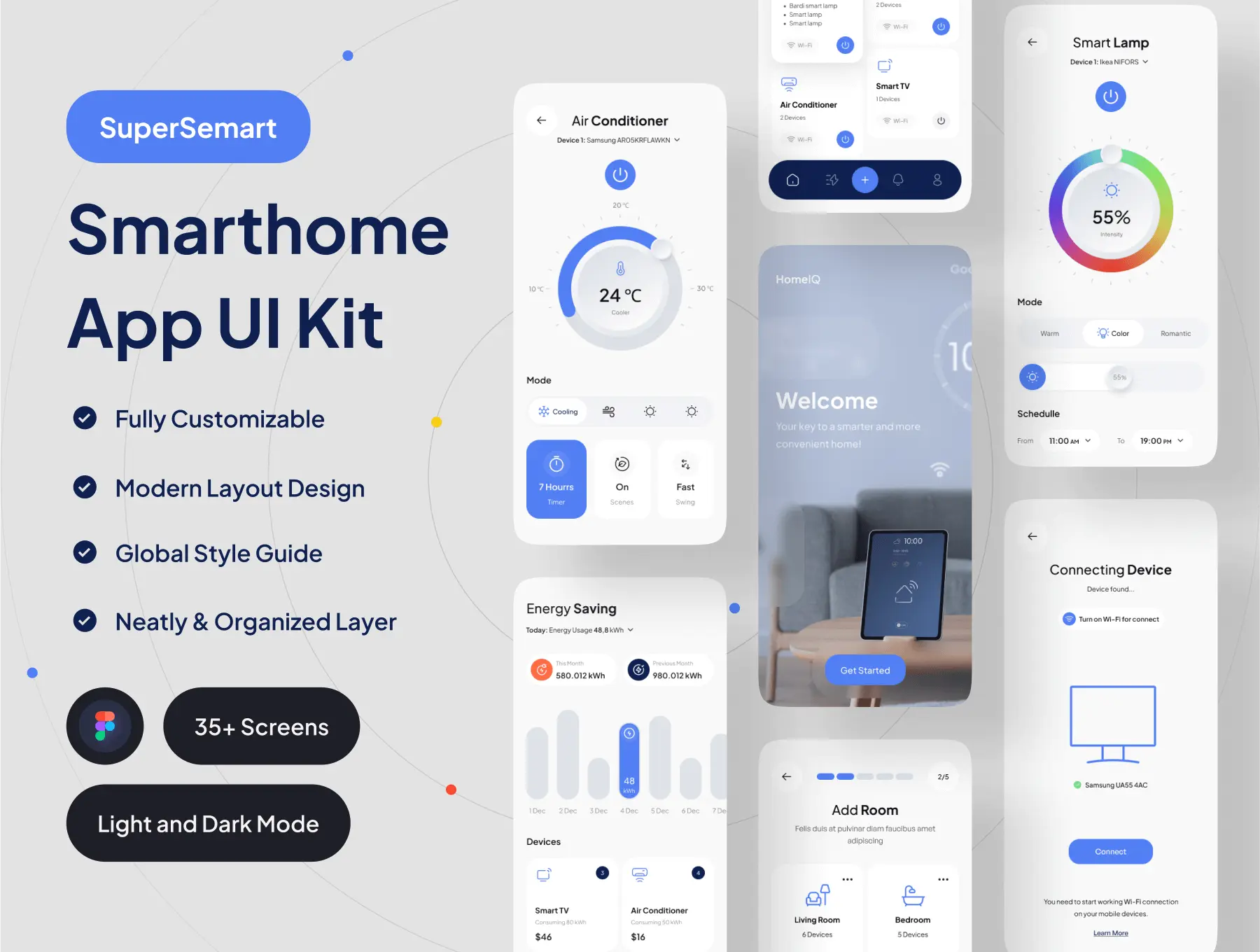 SuperSemart – Smarthome App UI Kit 现代极简双配色全屋智能家居App远程控制系统界面ui套件设计模板