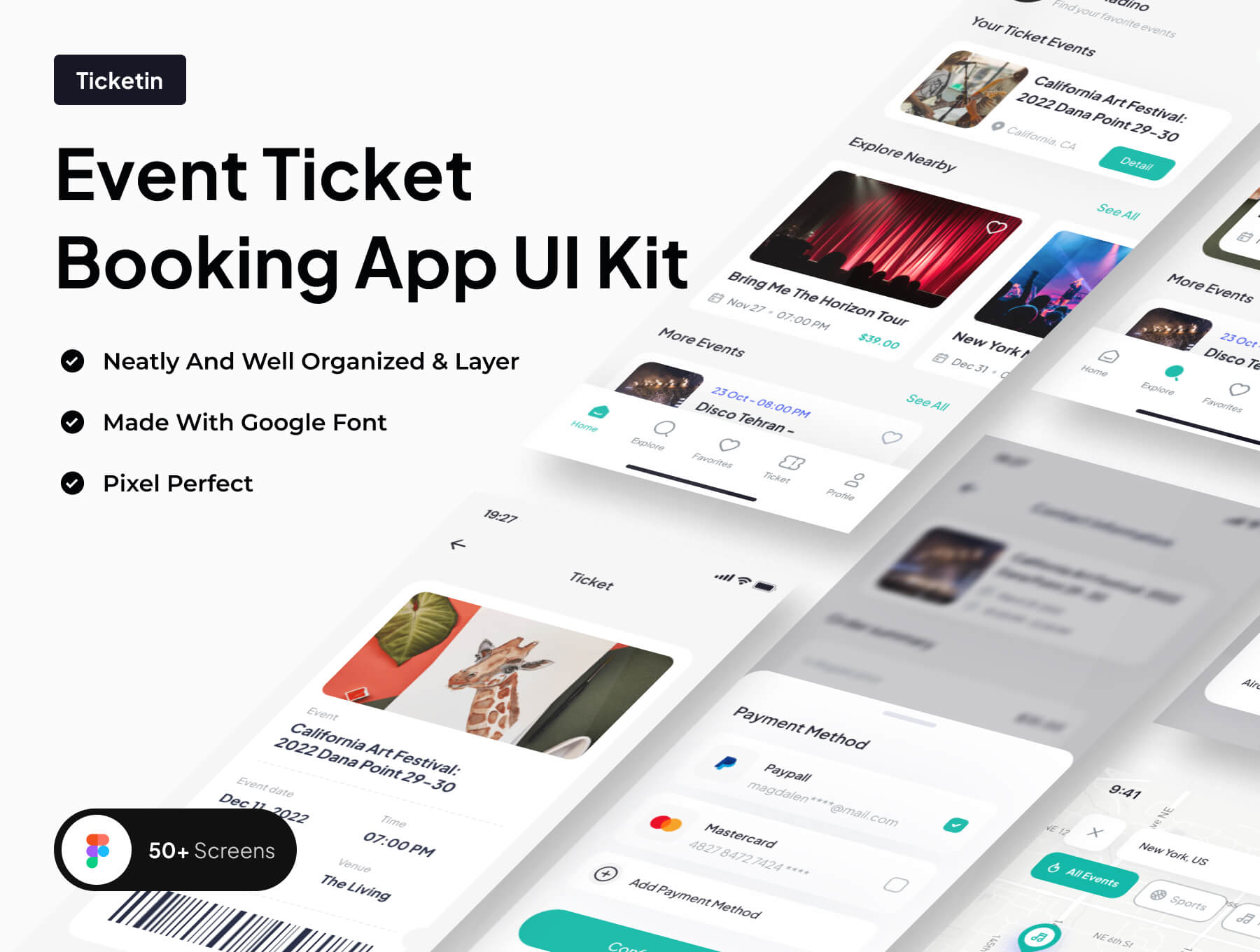 Ticketin – Event Ticket Booking App UI Kit 50多屏线下派对活动入场门票预订用户界面app设计ui套件模板