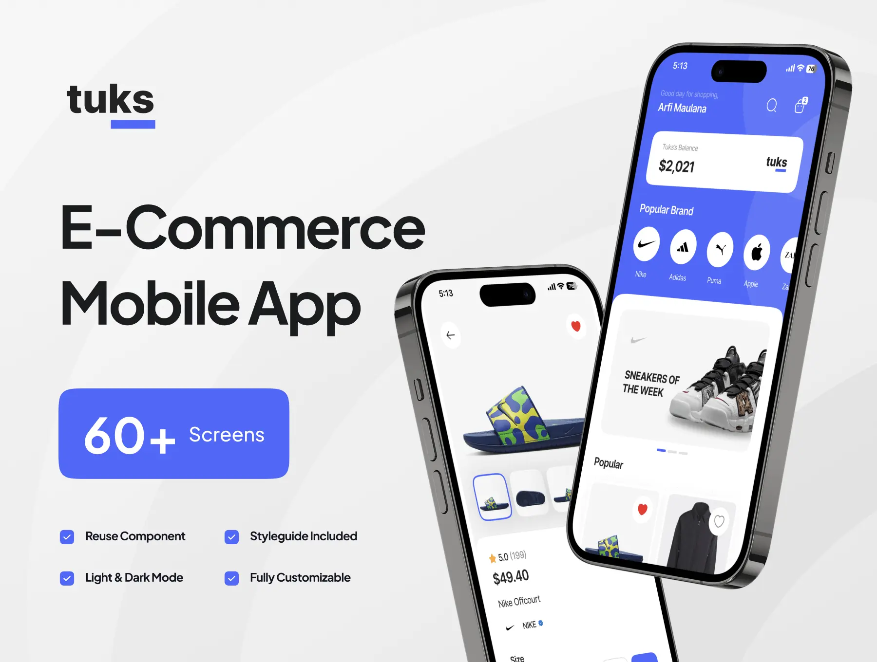 Tuks – E-Commerce Mobile App UI Kit 60多屏电子商务移动应用程序 UI 套件含明暗模式