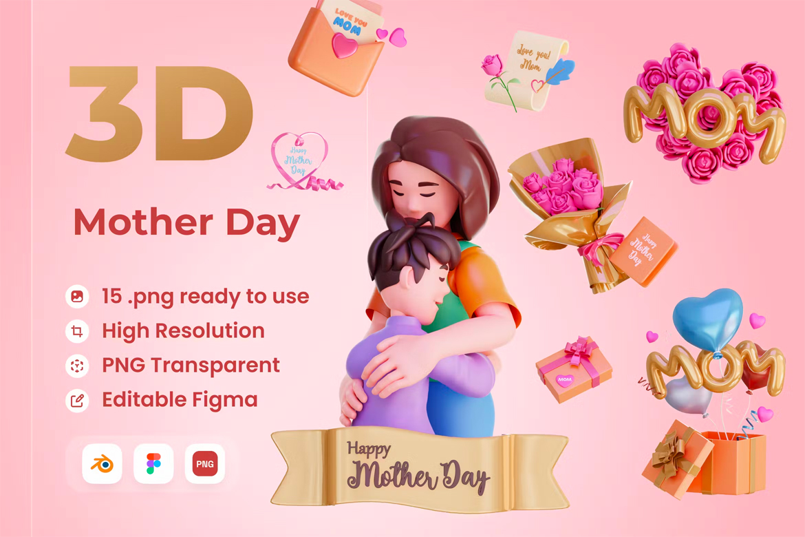 Mother’s Day 3D Illustration 15幅母亲节日礼物装饰插图插画png免抠图片设计素材