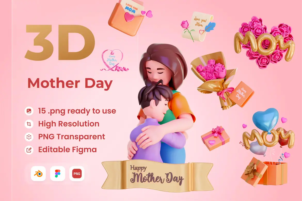 Mother’s Day 3D Illustration 15幅母亲节日礼物装饰插图插画webp免抠图片设计素材