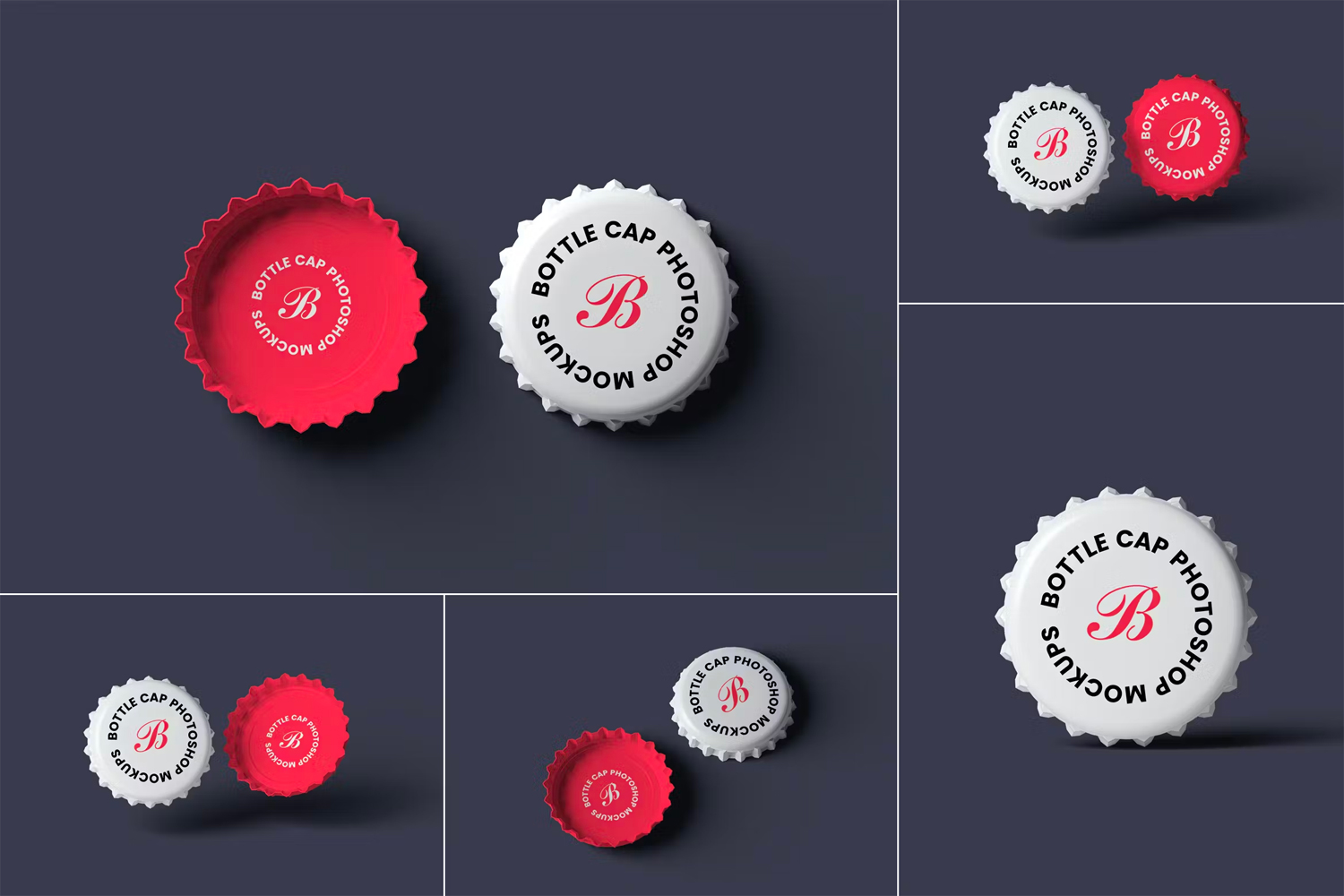 Bottle Cap Mockups 5款啤酒硬料金属盖正反模型logo标识设计贴图ps包装样机素材模板