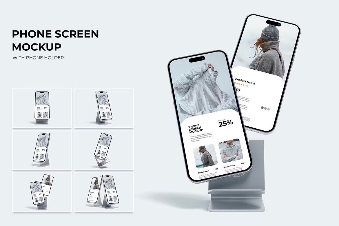 Phone Screen Mockup With Phone Holder 6款金属架上的苹果手机模型用户界面设计多角度展示贴图ps样机素材模板