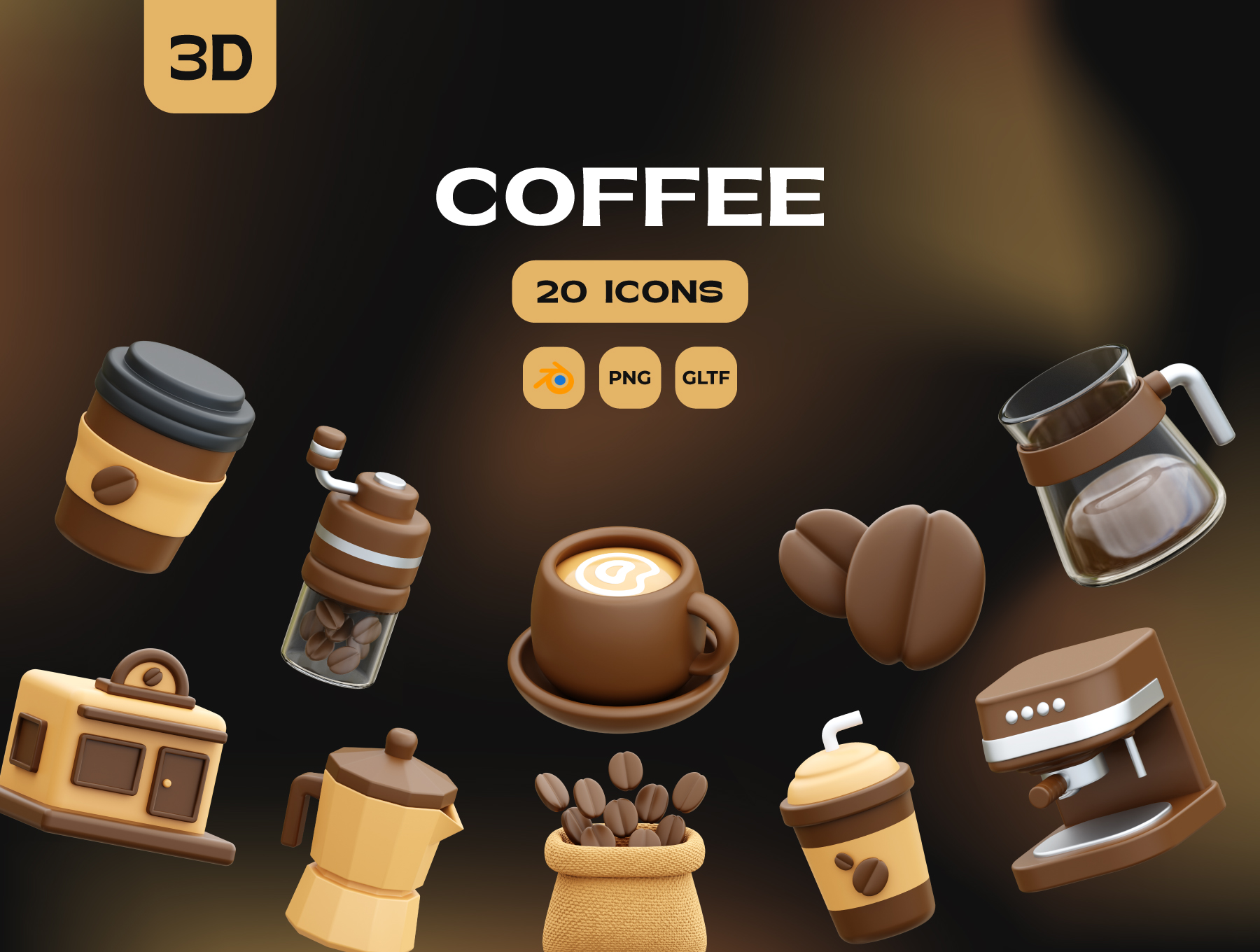 Coffee 3D Icons 15款独特卡通咖啡主题3D立体三维图标Icons设计素材包