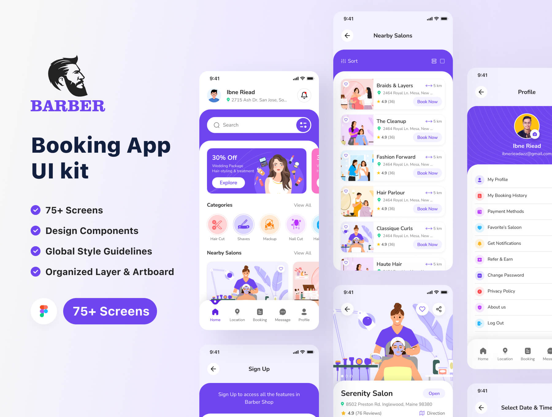 Barber – Booking app UI kit 75+屏优质理发店理发师美容预定APP软件界面设计Figma模板设计素材