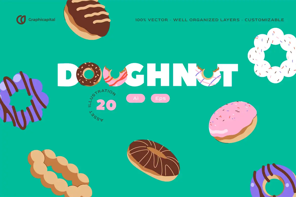 Pink Flat Design Doughnut Illustration Set 扁平风甜点甜甜圈矢量插图插画图片设计素材百度云免费下载