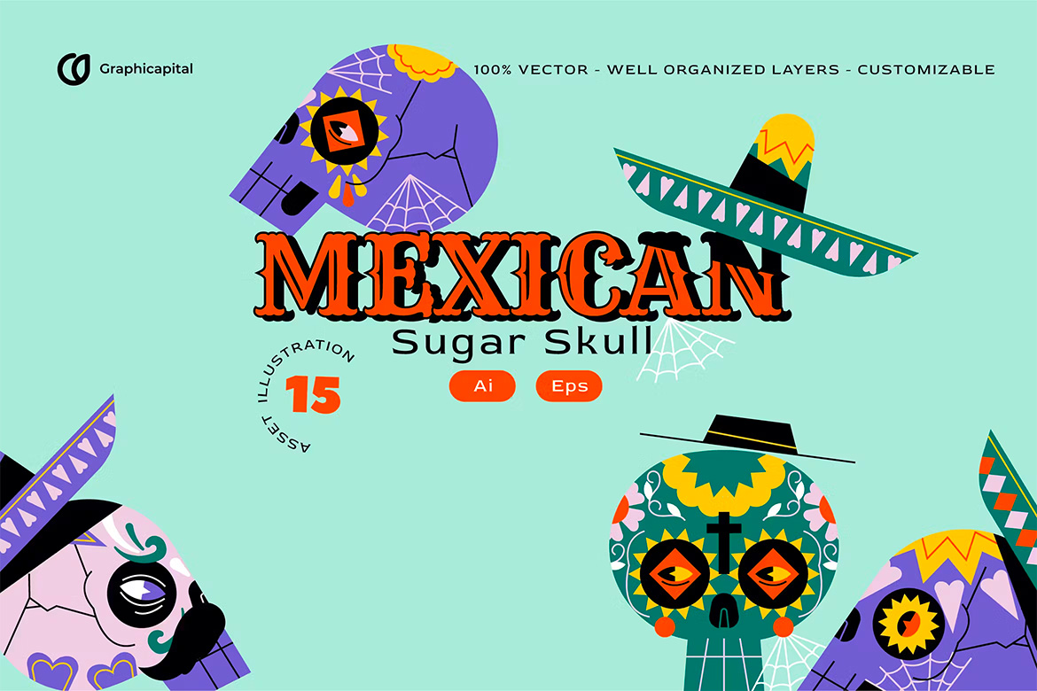 Pink Flat Design Skull Mexican Illustration Set 墨西哥帽子骷髅扁平风矢量插图插画图片设计素材百度云免费下载