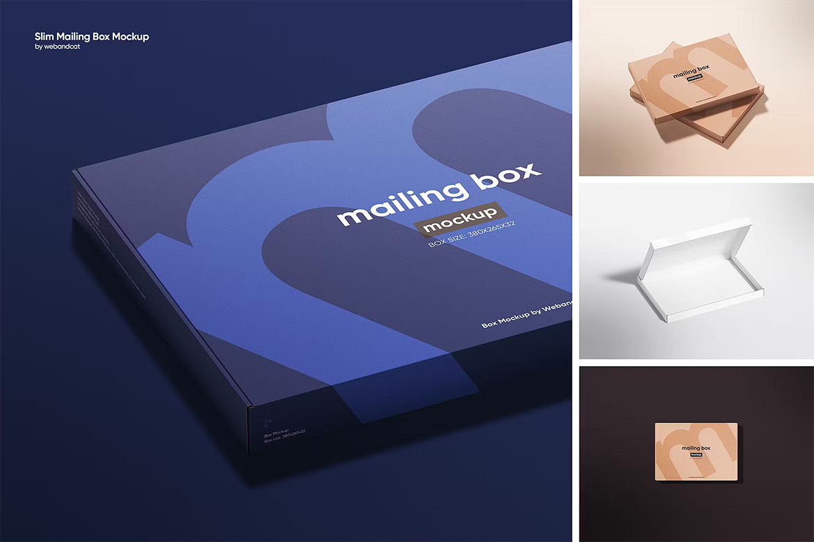 Slim Mailing Box Mockup 4款长方形扁平飞机盒礼盒模型盒面设计贴图ps包装样机素材模板