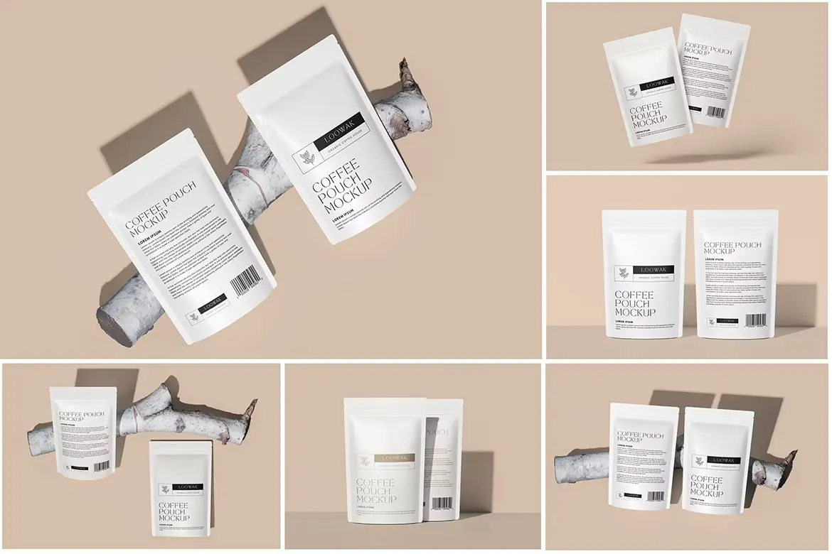 Coffee Pouch Mockup 6款自立咖啡袋茶叶袋模型袋身品牌展示设计贴图ps包装样机素材模板
