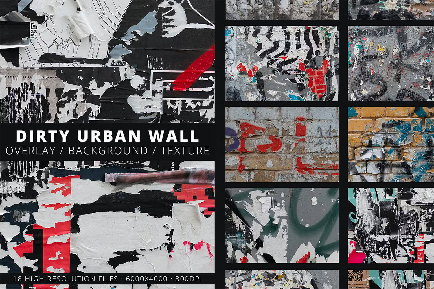 18 Dirty Urban Wall Torn Poster Textures 18款城市户外墙面撕裂破旧海报纸张背景图片设计素材