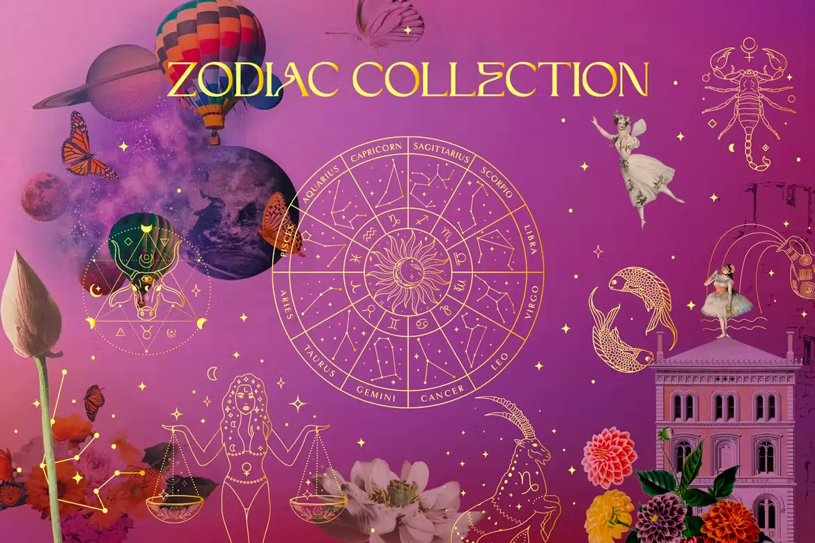 Zodiac Signs and Horoscope Design Kits Astrology 金色十二生肖黄道星座带图天体占星术纹身矢量图案插图插画设计素材