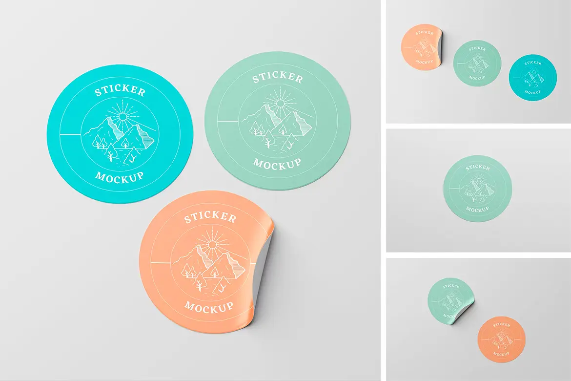 Sticker Mockup 4款圆形贴纸模型logo标识设计贴图ps文具样机素材模板
