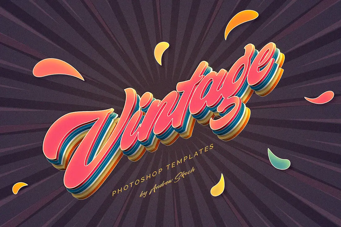 Vintage Text Effects 3D复古立体层叠文本字母logo展示ps特效样机素材模板