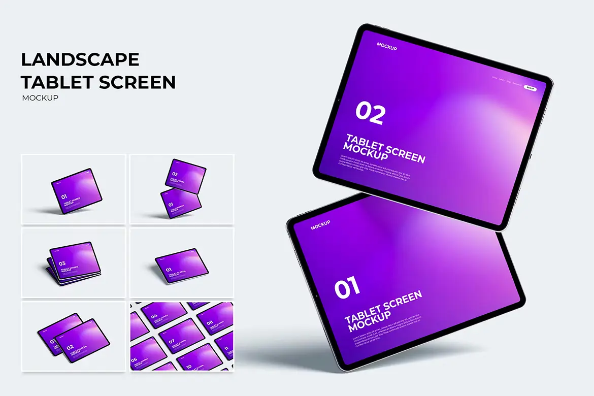 Landscape Tablet Screen Mockup 6款iPad设备模型多角度展示屏幕设计贴图ps数码样机素材模板