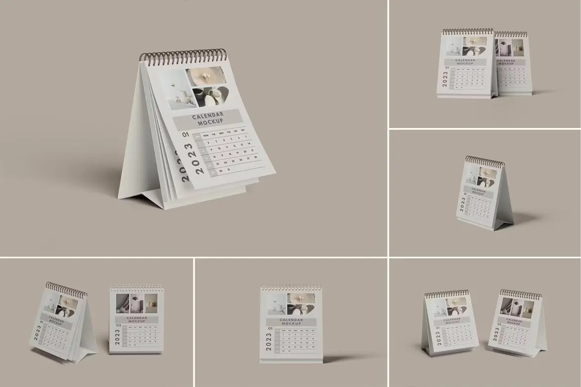 Desk Calendar Mockup 6款圈装台历日历模型设计贴图ps文具样机素材模板