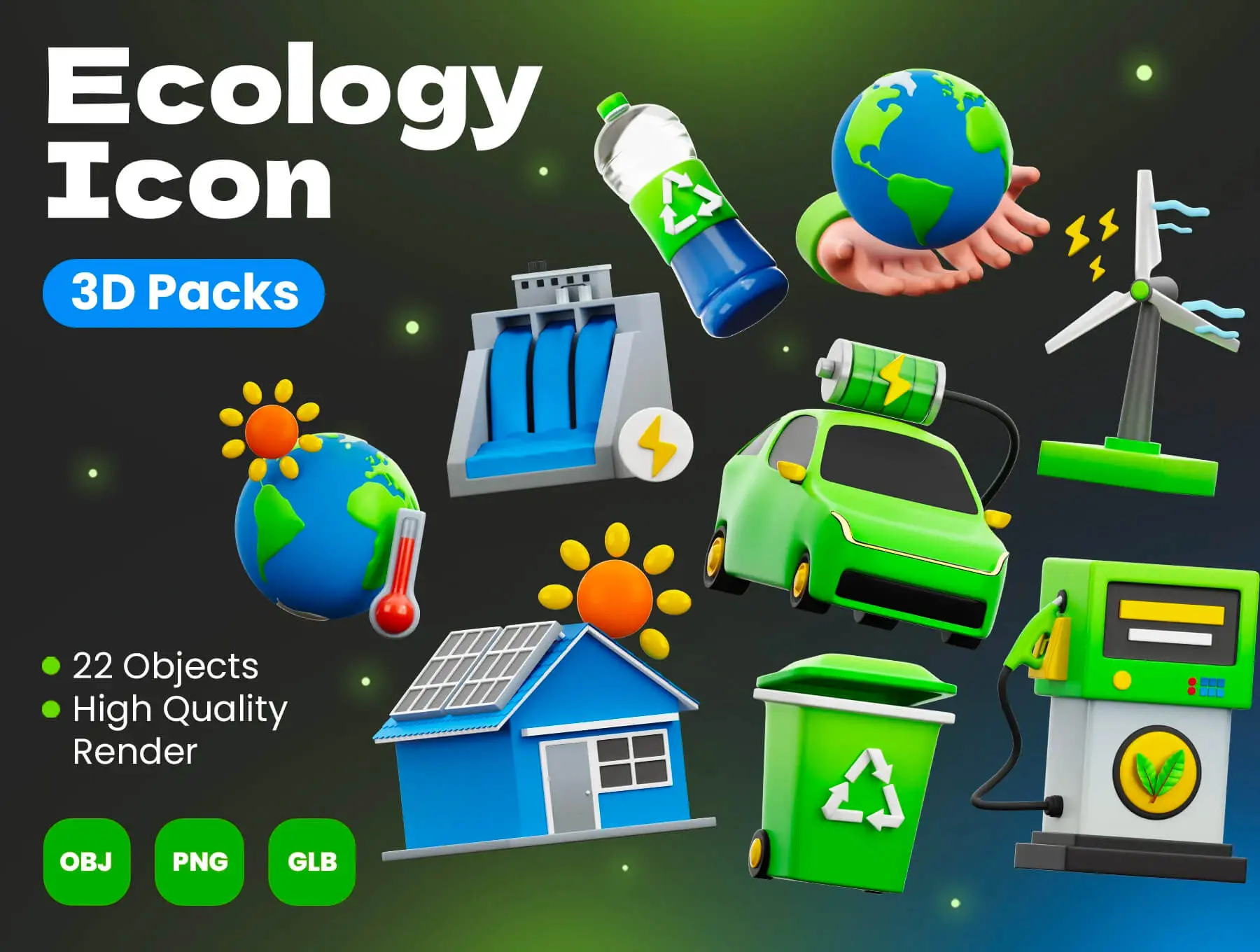 Ecology 3D Icons 22款绿色公益环保生态新能源电池太阳能插图插画webp免抠图片素材