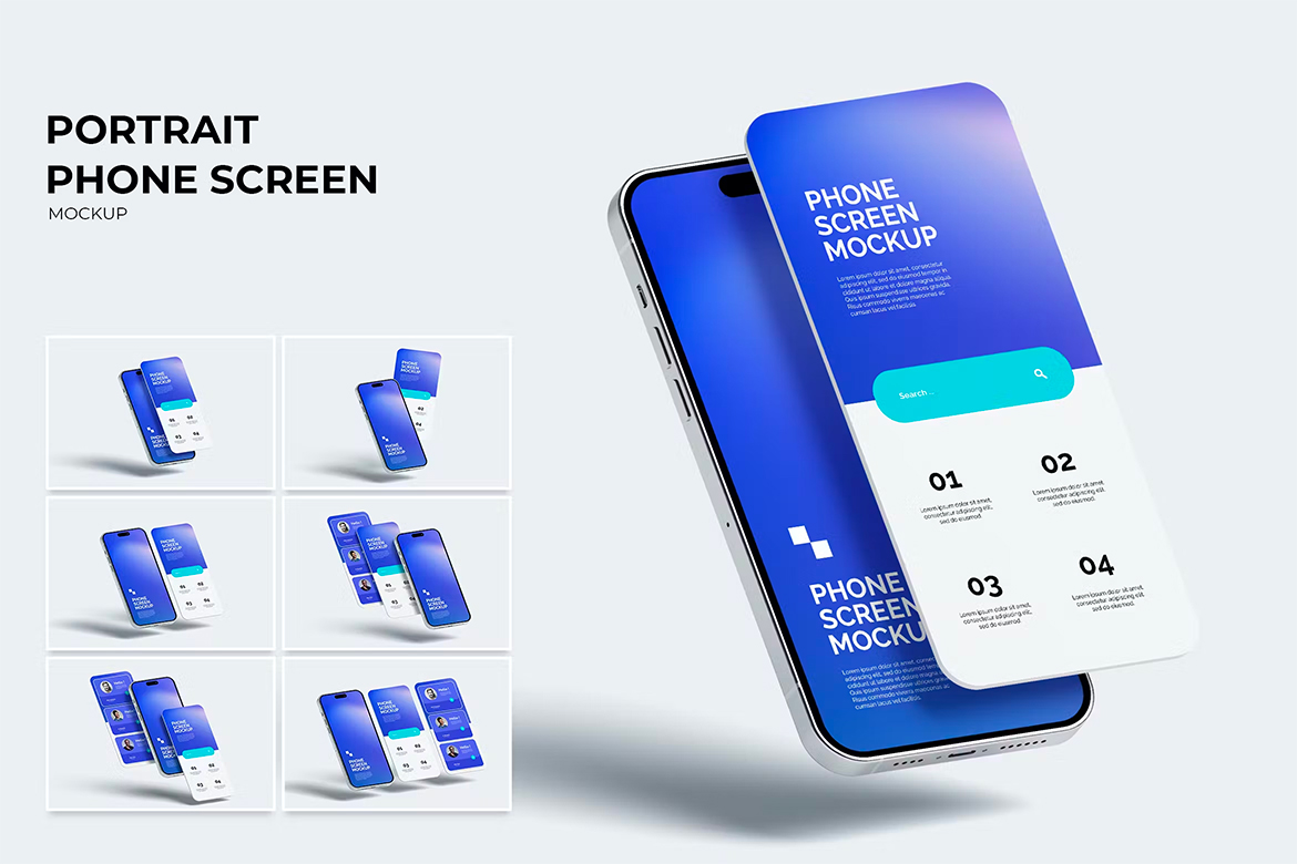 Portrait Phone With App Screen Mockup 6款iPhone手机App应用界面UI设计作品贴图ps样机素材展示效果图