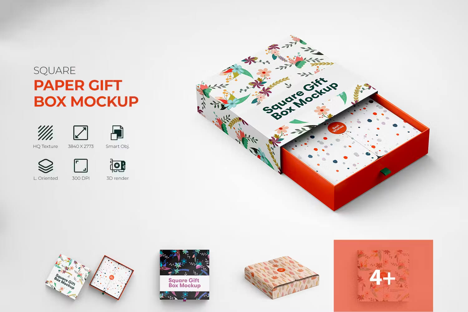 Square Paper Gift Box PSD Mockup 8款正方形抽拉礼物盒抽屉纸盒产品包装设计ps样机素材展示效果图