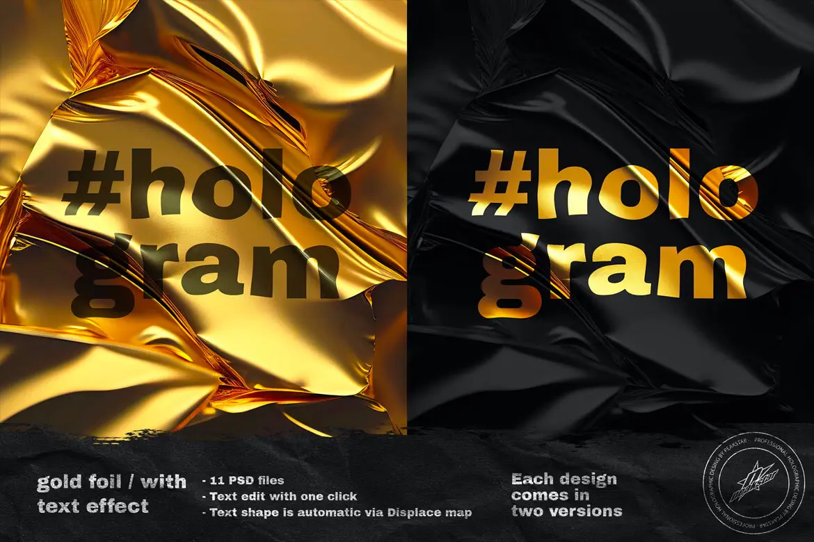 Gold Foil Text Effect (Vol 1~2) 26款金箔上的扭曲变形反光文本字母ps特效样机素材模板