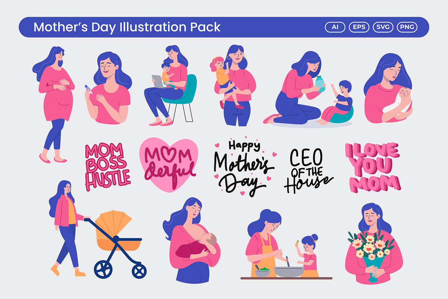 World Mother’s Day Illustration Pack 世界母亲节矢量插画包