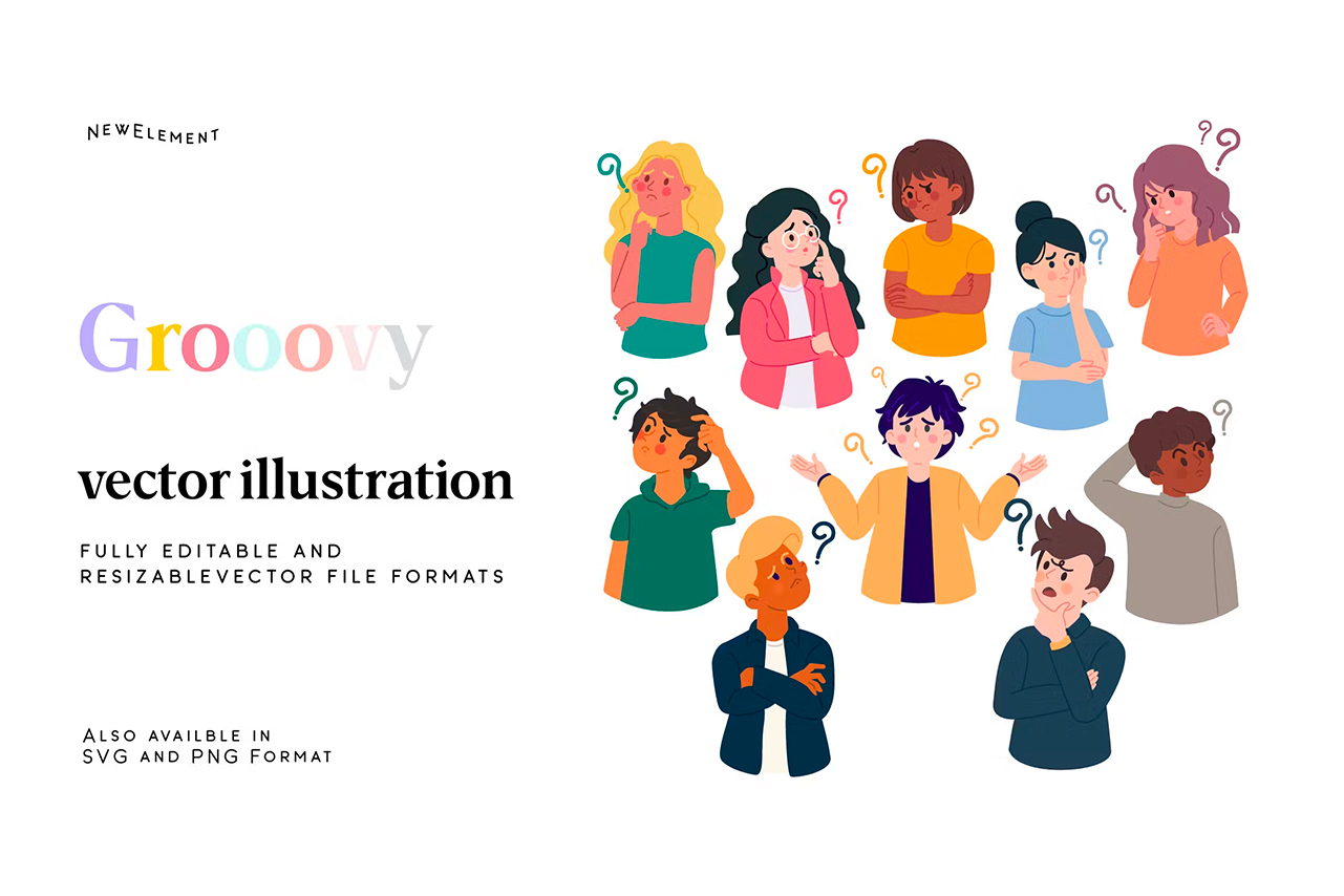 Grooovy – Thinking people Illustration 有趣丰富多彩的疑惑思考中的卡通人物矢量插图