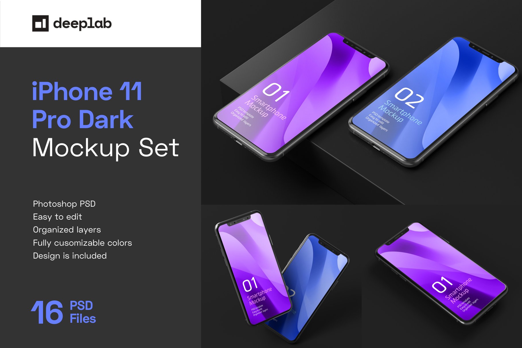 Dark iPhone 11 Pro Dark Mockup 16款苹果iPhone11手机ui界面设计ps贴图样机素材mockup展示模板