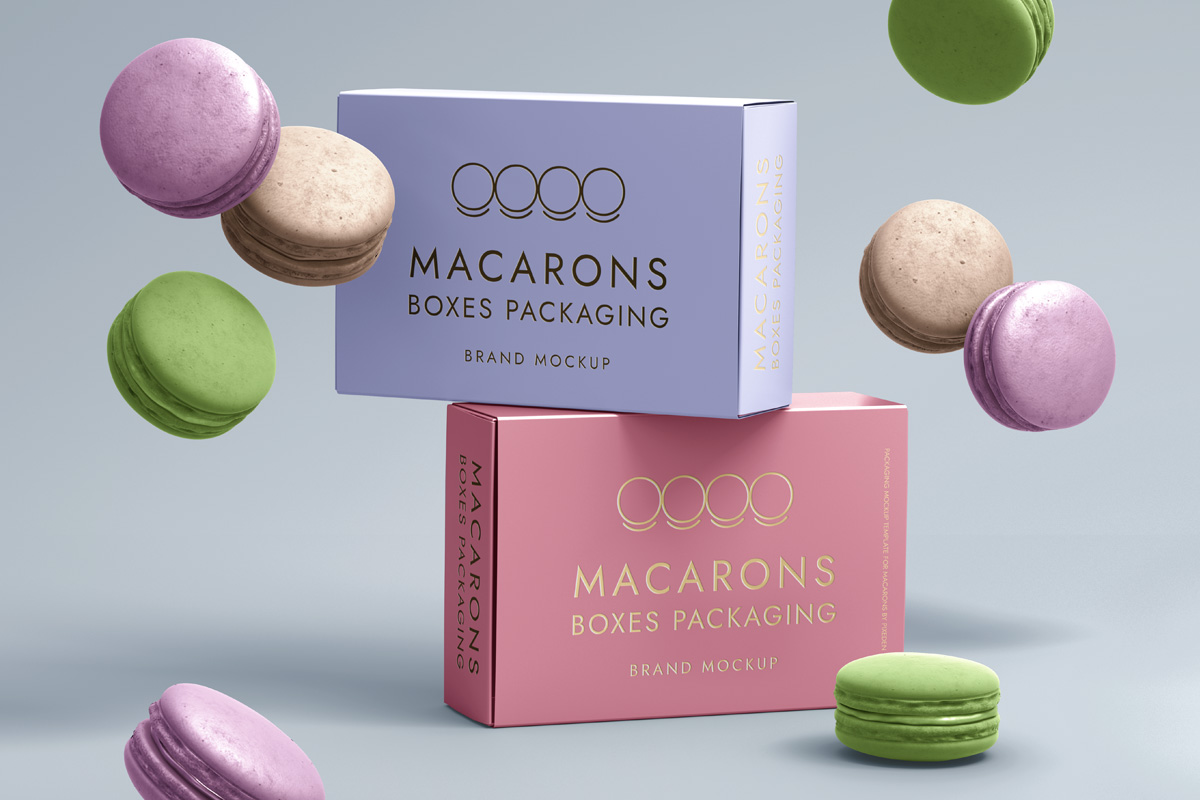 Macarons Box Packaging Mockup 时尚美食马卡龙下午茶糕点设计贴图马卡龙产品包装盒设计贴图ps样机场景展示效果