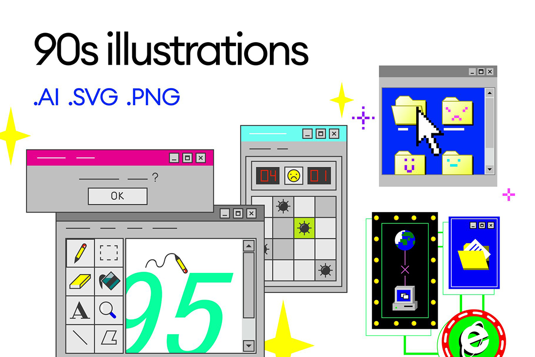 90s Illustrations 30款90年代潮流复古怀旧数码科技游戏像素画插图插画ai设计素材