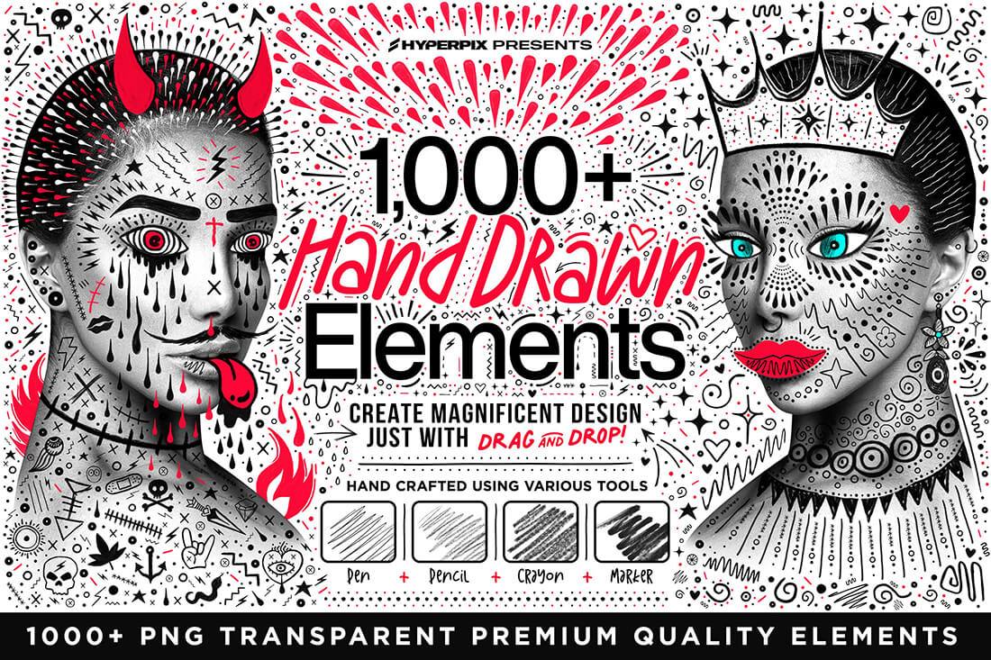 Hyper Hand Drawn – 1000 PNG Elements 1000款潮流手绘涂鸦乱涂标记符号插图插画png免抠图片拼贴素材