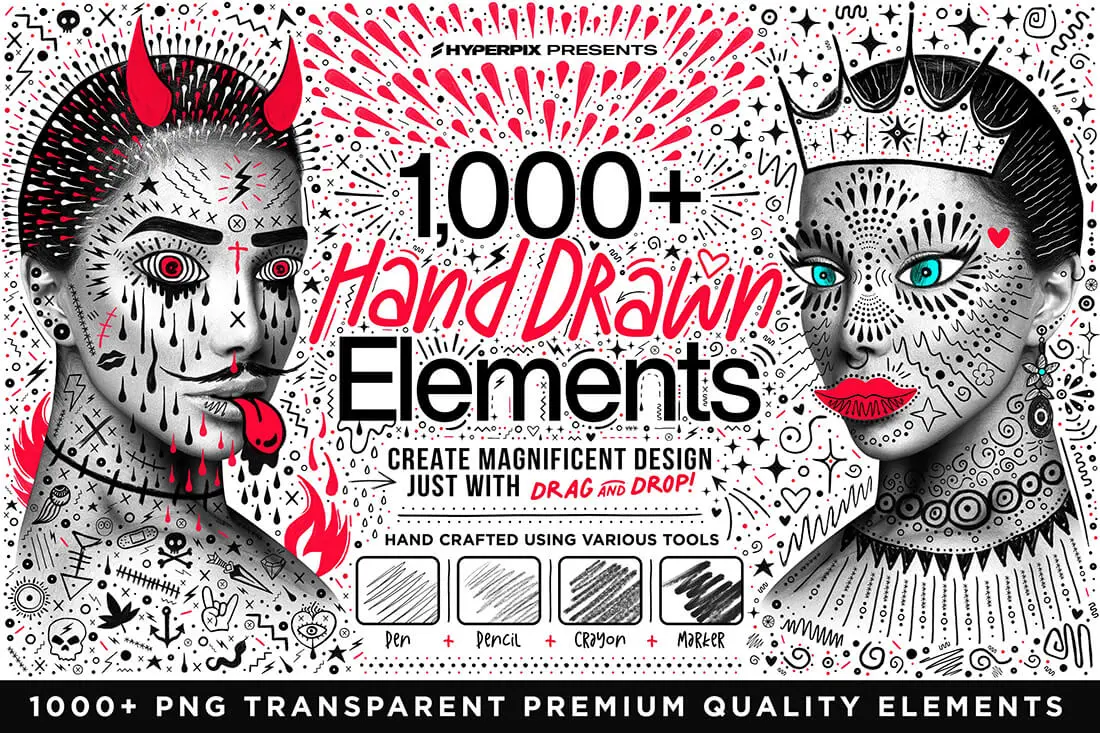 Hyper Hand Drawn – 1000 PNG Elements 1000款潮流手绘涂鸦乱涂标记符号插图插画webp免抠图片拼贴素材