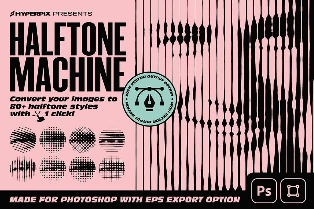 Halftone Machine Photoshop Action 80款潮流复古半调波点条纹肌理抽象艺术纹理ps动作插件特效模板