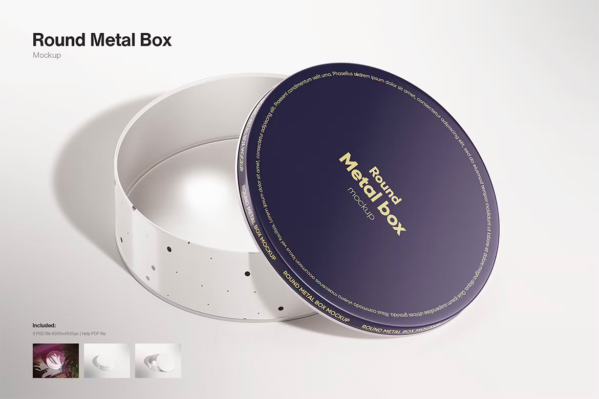 Round Metal Box Mockup 3款圆形金属盒模型食品零食包装盒设计贴图ps样机素材模板