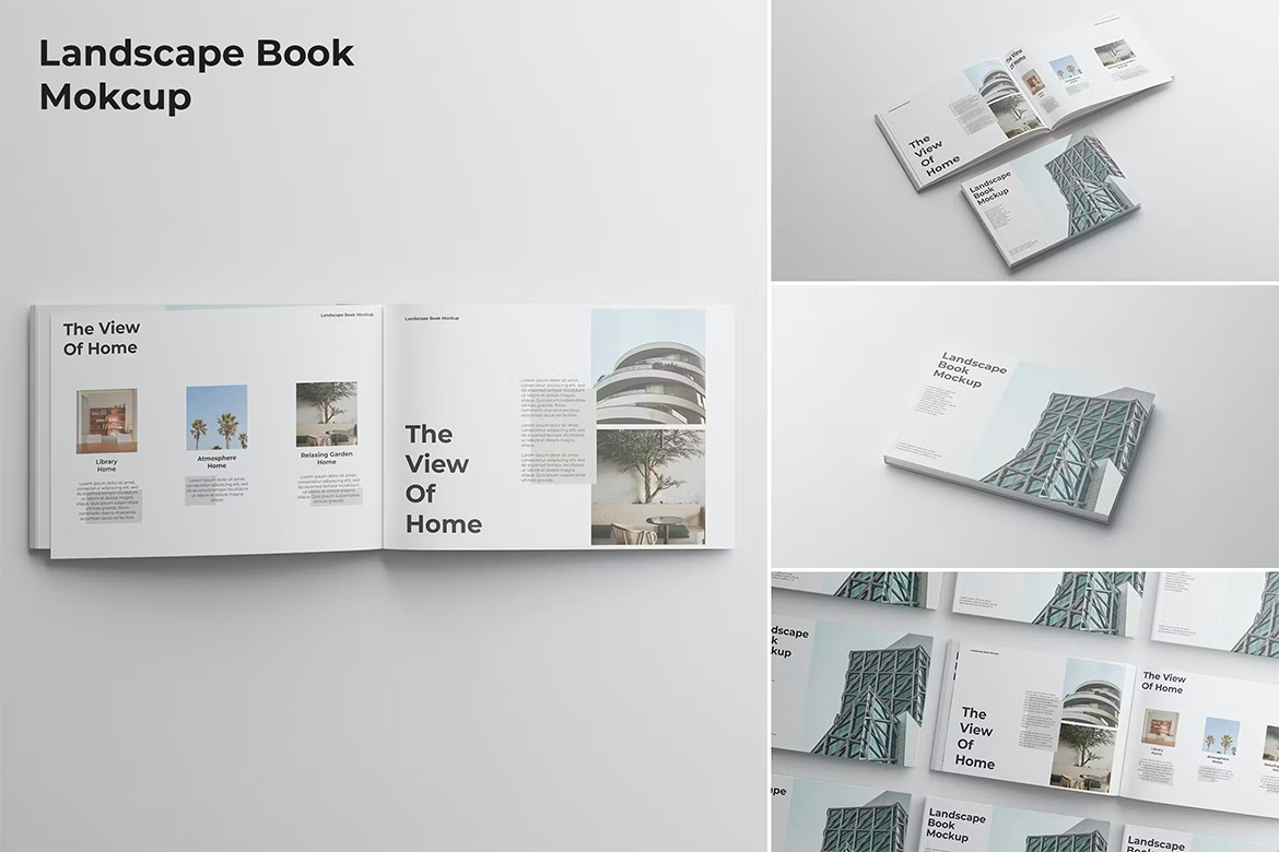 Landscape Book Mockup 4款横版杂志宣传册书籍模型封面内页设计贴图ps样机素材模板