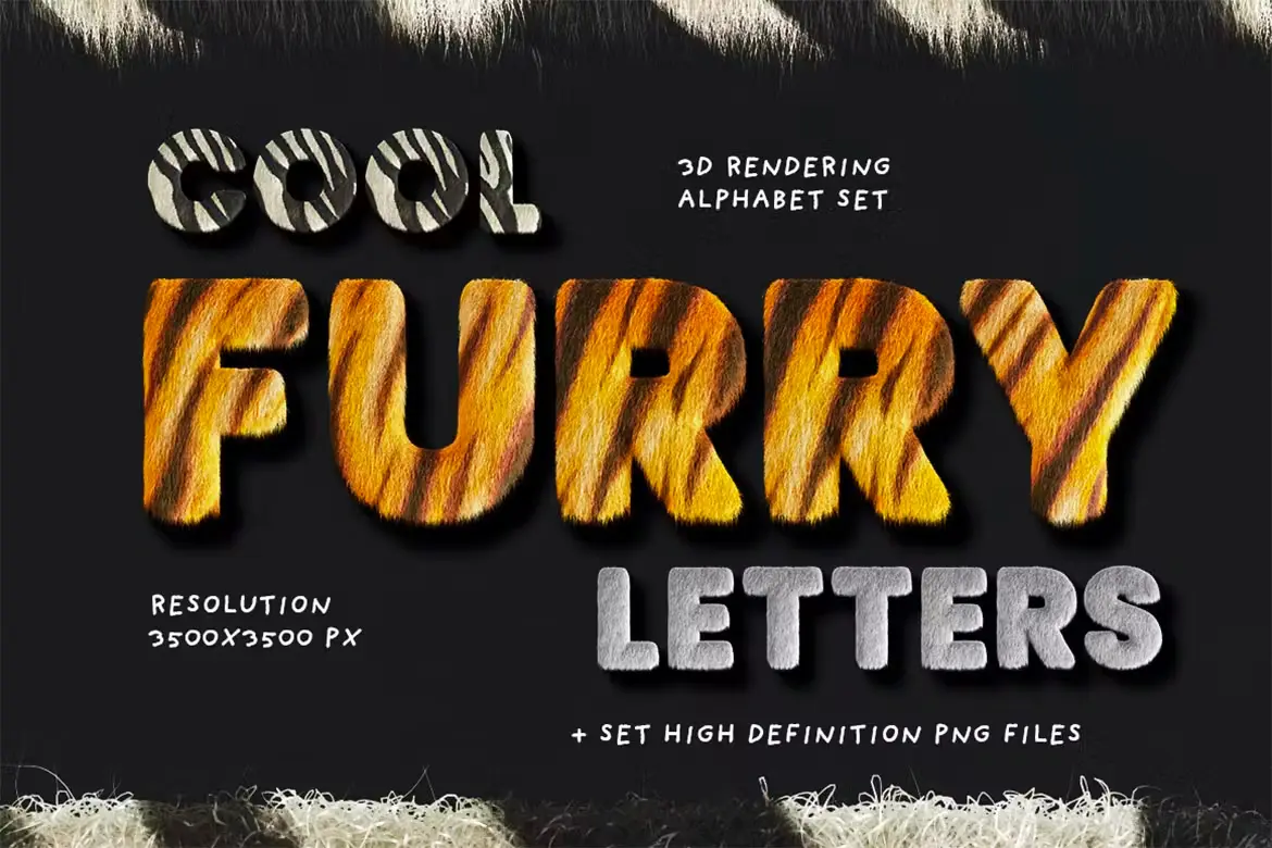 Grass or Fur Typo Creator Zebra & Tiger 斑马老虎皮毛纹理毛绒数字母符号+36款趣味表情+53款阴影webp免抠图片设计素材