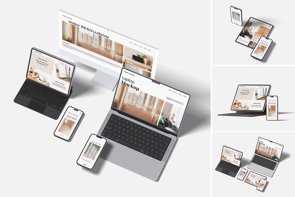 Multi devices responsive set mockup 5款电子数码设备组合展示模型屏幕vi设计贴图ps样机素材模板