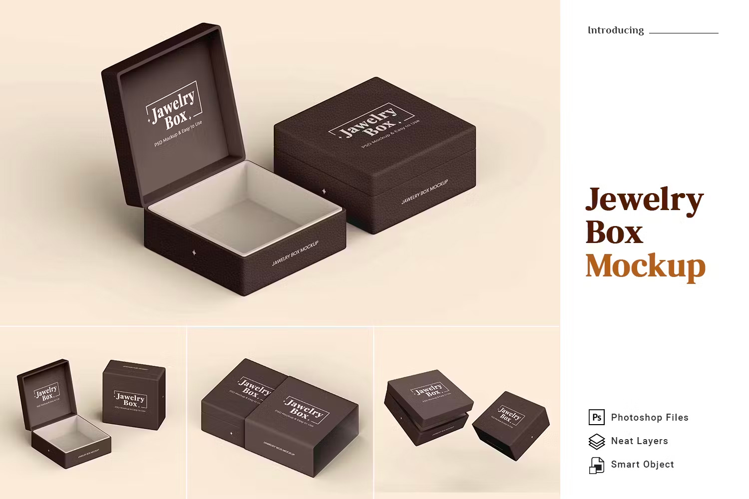 Jewelry Box Mockup 5 Views 5款正方形奢华珠宝首饰礼品礼物盒翻盖模型盒身包装设计贴图ps样机素材模板