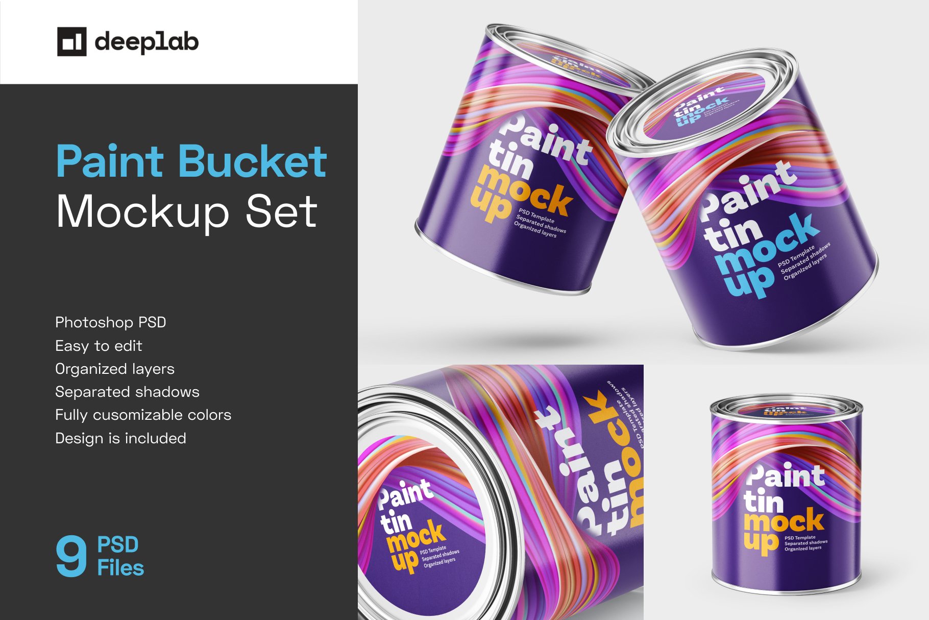 Paint Bucket Mockup Set 9款油漆桶涂料产品包装多角度样机展示素材