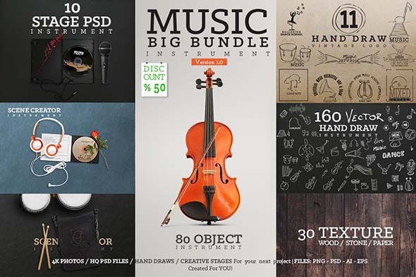 Music Big Bundle Instrument 音乐乐器场景模拟效果音乐节海报元素剪贴画模版设计素材 psd格式