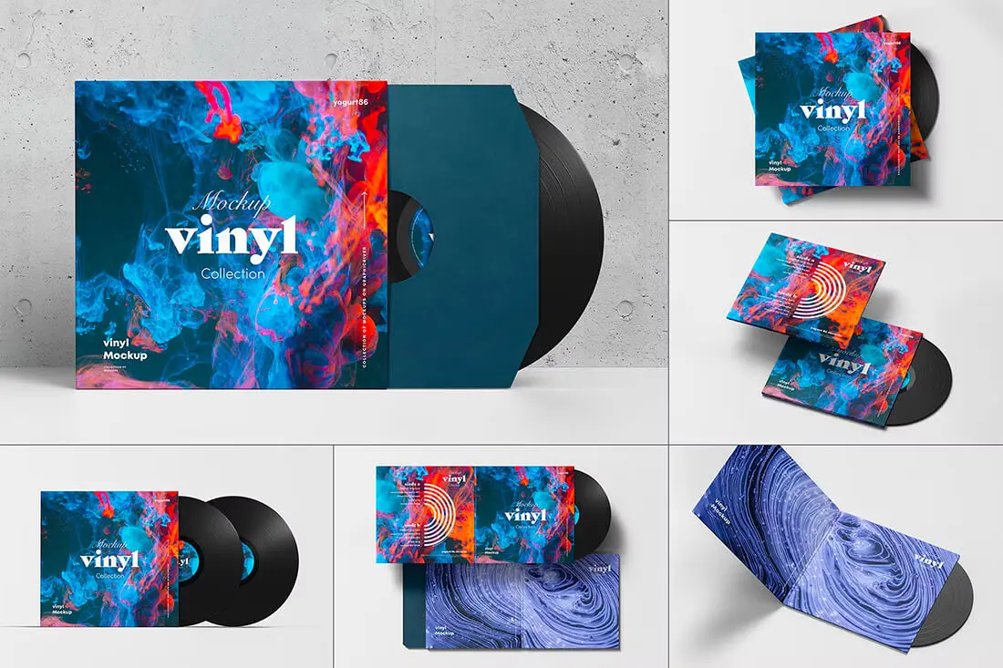 Vinyl Mock-up 4 复古怀旧黑胶唱片CD音乐专辑封面设计贴图ps样机素材展示效果模板