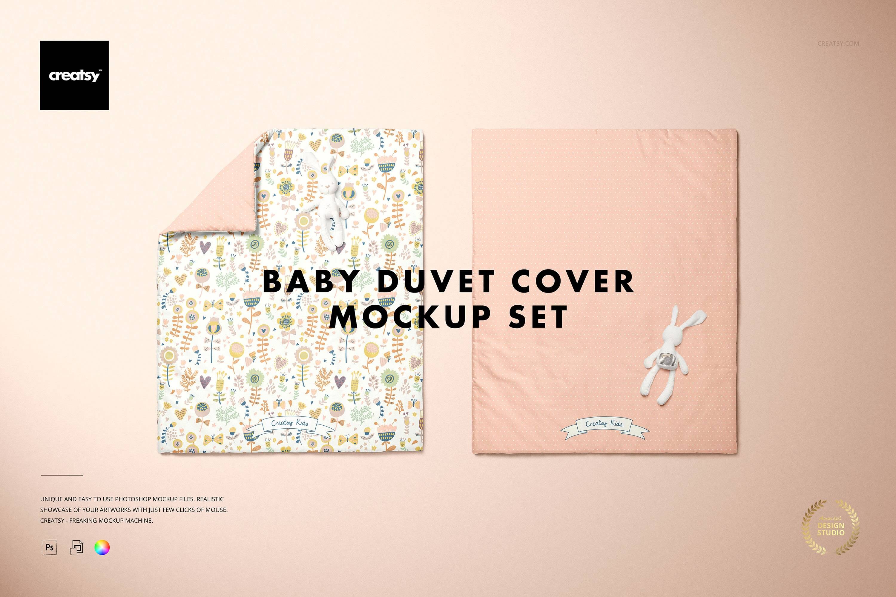 Baby Duvet Cover Mockup Set 儿童婴儿羽绒被子床上用品印花图案设计贴图ps样机素材展示效果