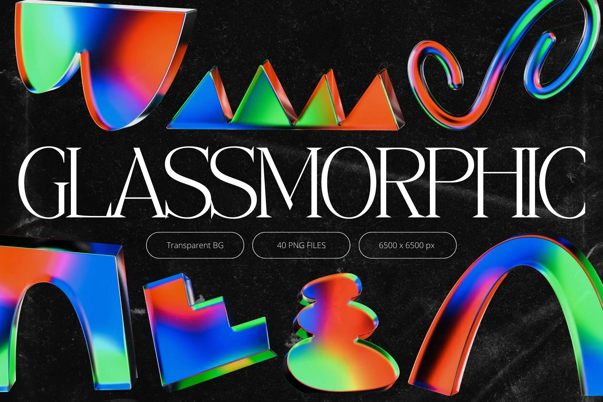 3D Glowy Glassmorphic Shapes 40款3D立体彩虹镭射玻璃水晶几何图形海报背景webp免抠图片素材
