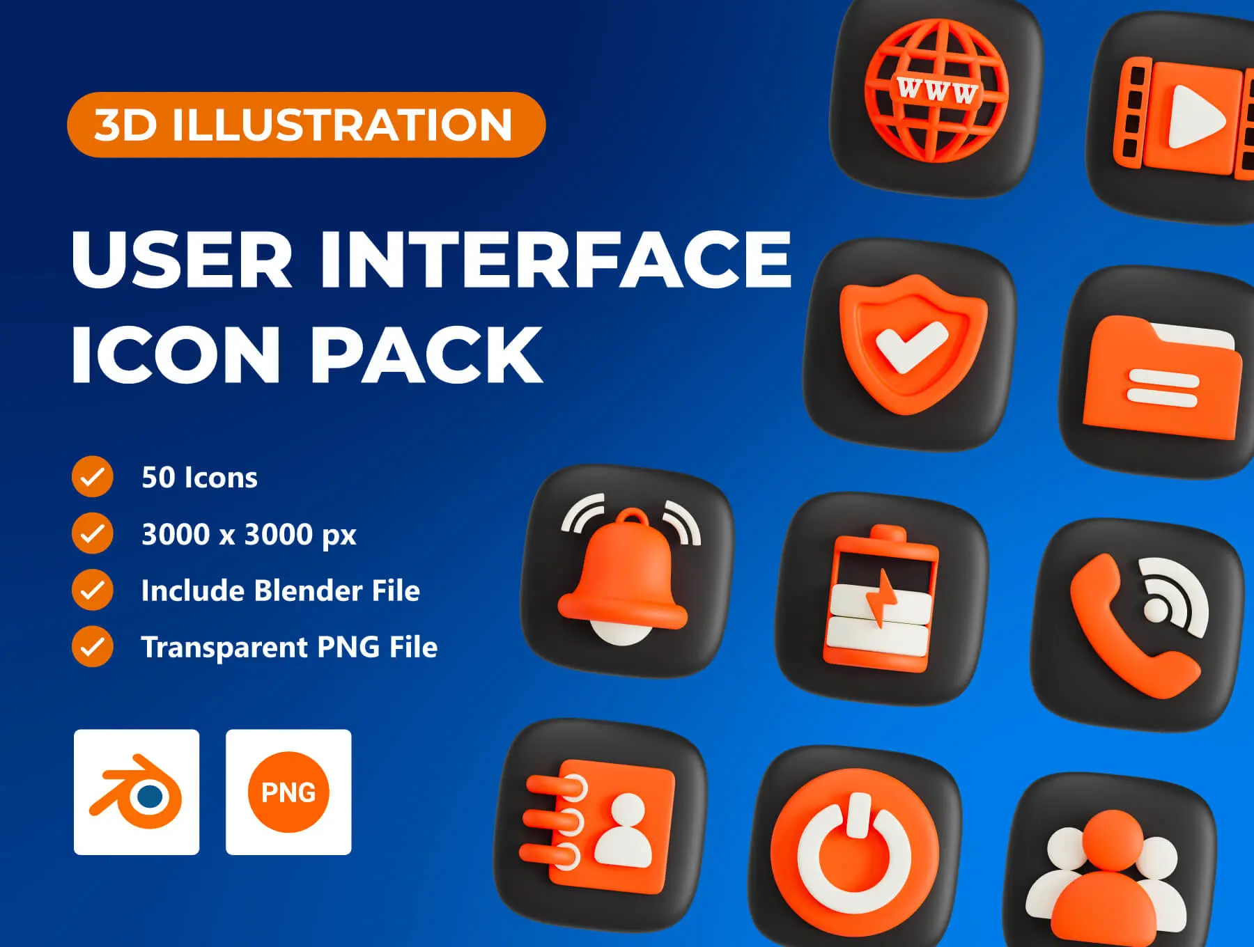 User Interface 3D Icon Pack 50款用户界面功能3D图标icon设计素材webp免抠图片