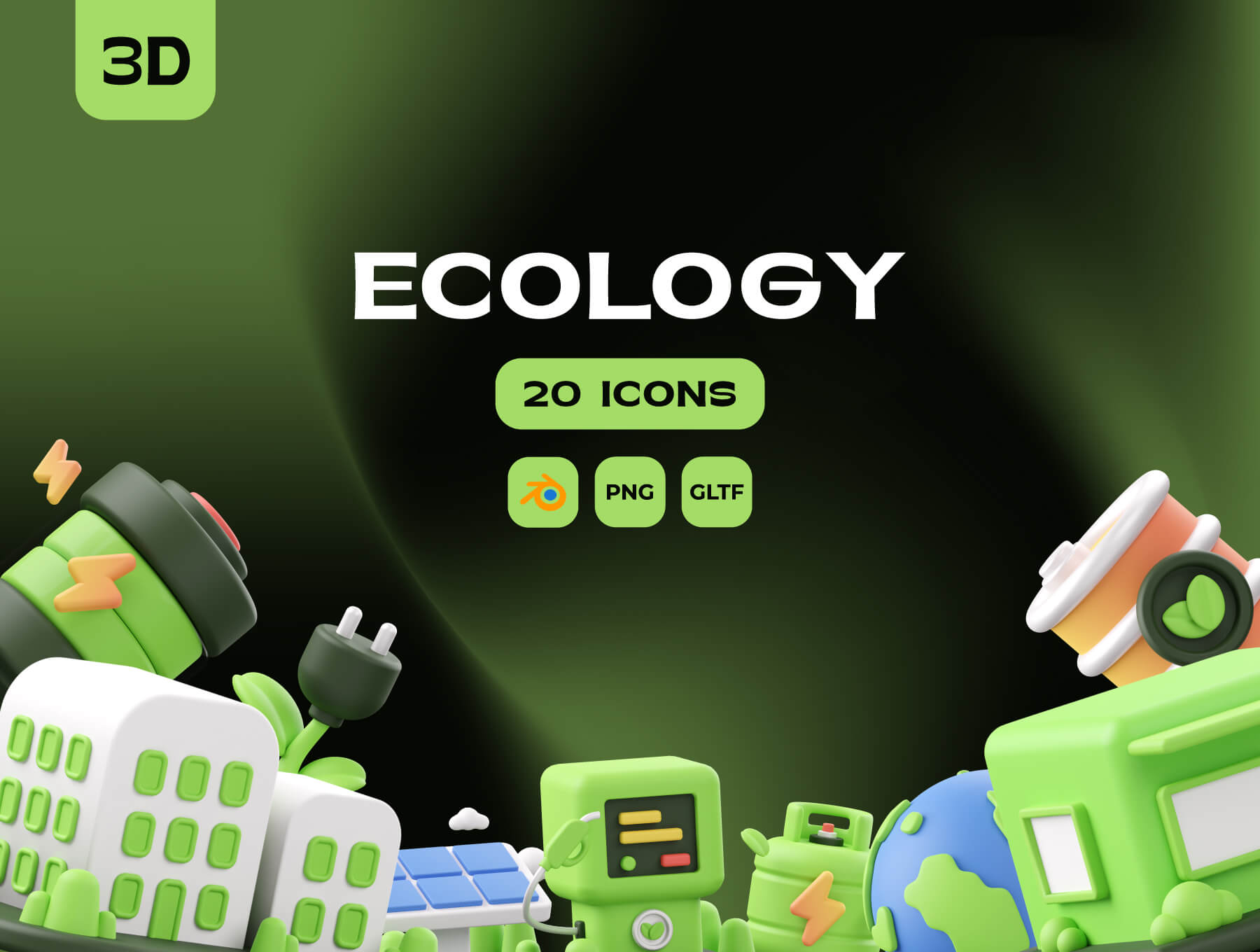 Ecology 3D Illustration 20款绿色能源生态环保爱护地球主题3D图标icon设计素材png免抠图片
