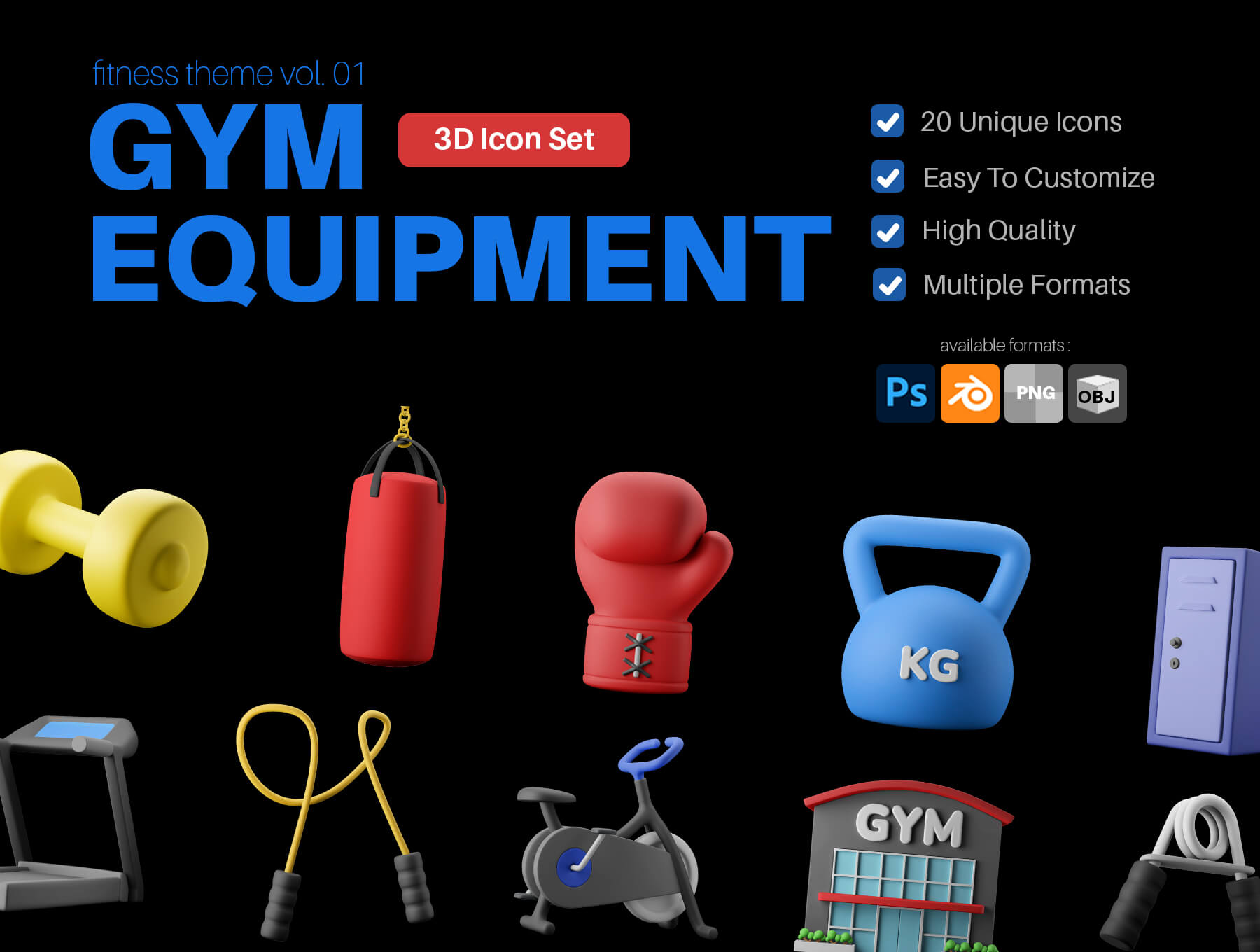 Fitness Gym Equipment 3D Icon Pack 20款健身房健身器材3D插图图标icon设计素材psd分层文件