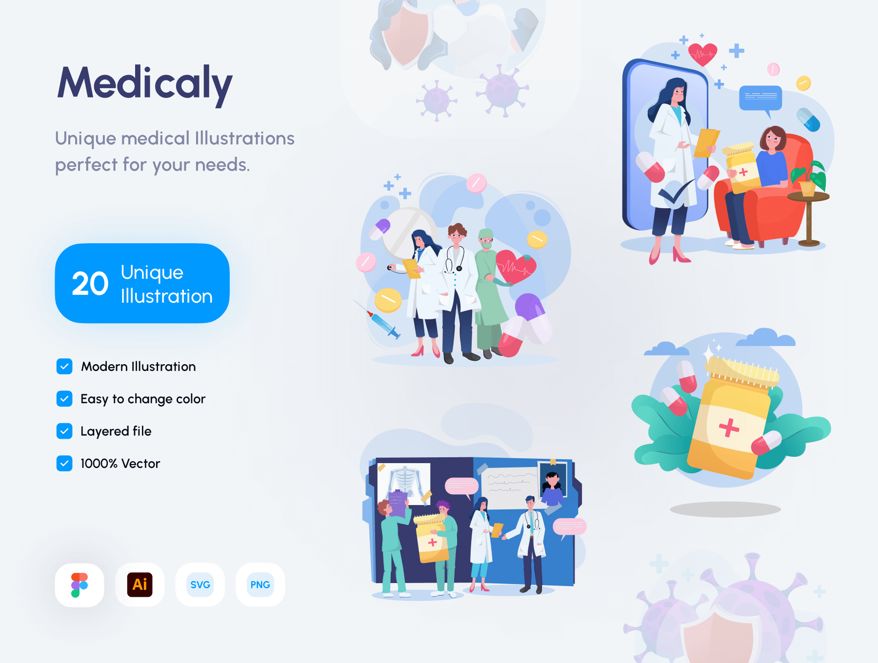 Medicaly – Medical Illustration Kit 20幅医疗医学防疫矢量插图插画图片设计素材