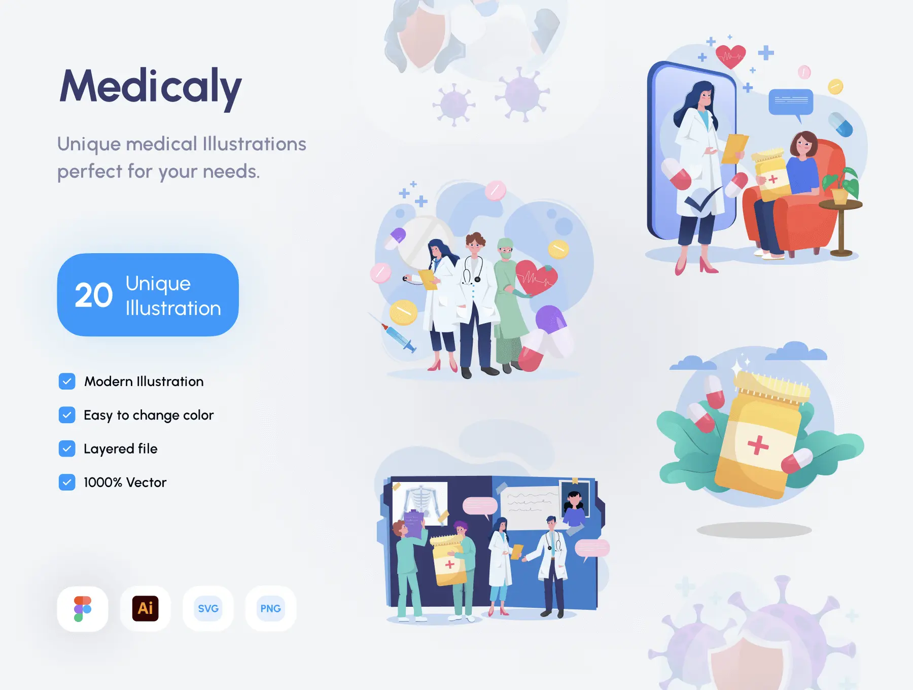 Medicaly – Medical Illustration Kit 20幅医疗医学防疫矢量插图插画图片设计素材